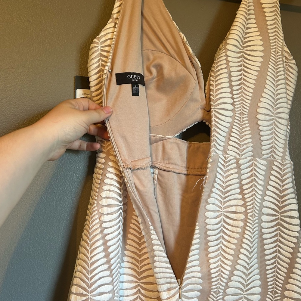 Guess Tan and White Ruffled Bodycon Midi Dress - Picture 14 of 14